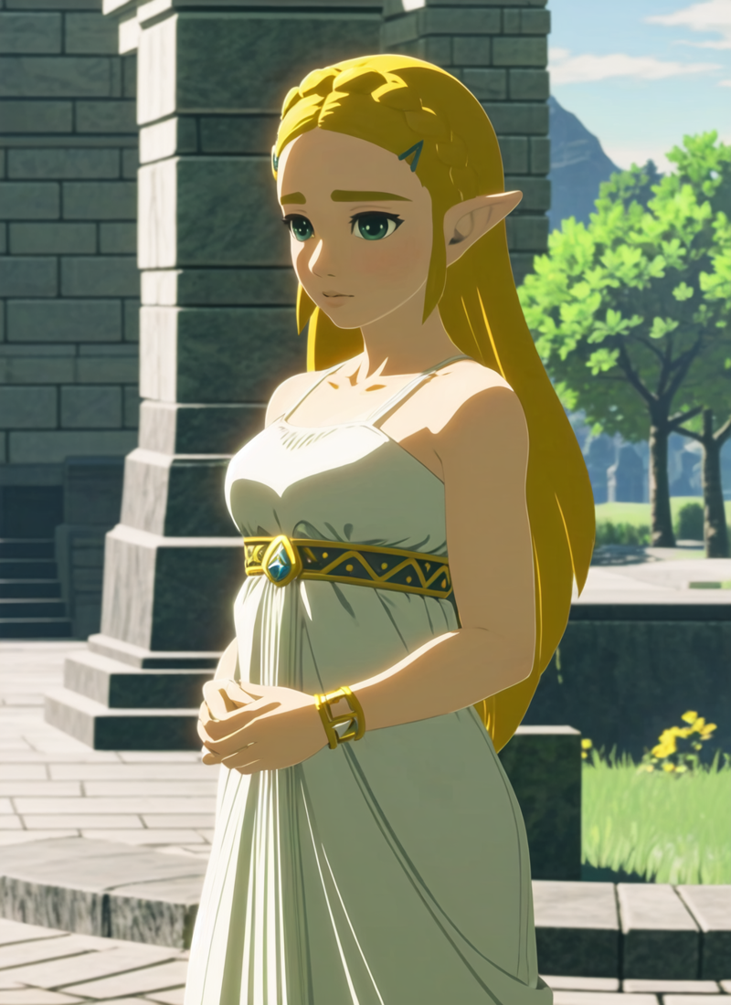 31076228-471778439-botw style, princess zelda, 1girl, bangs, blonde hair, breasts, white dress, hair ornament, bare shoulders, green eyes, jewelry,.png